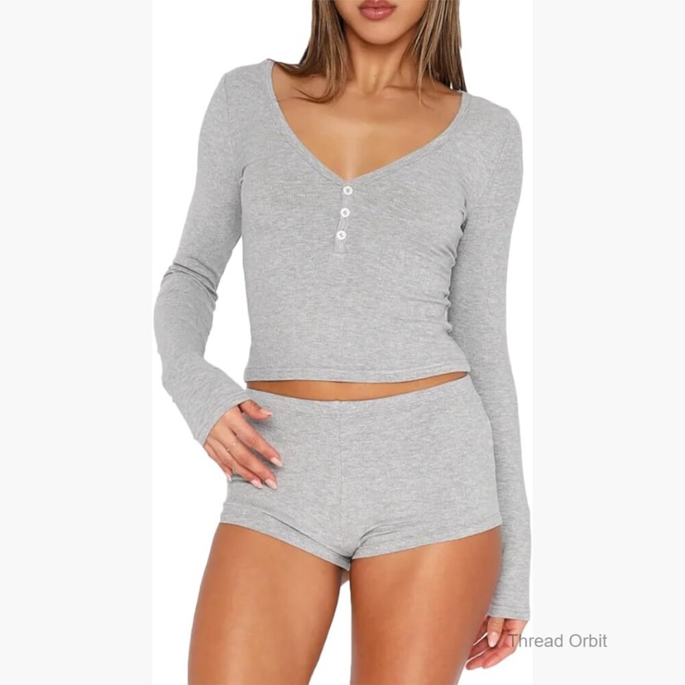 Ribbed Knit Pajama Set Long Sleeve Crop Top and Shorts Lounge Wear